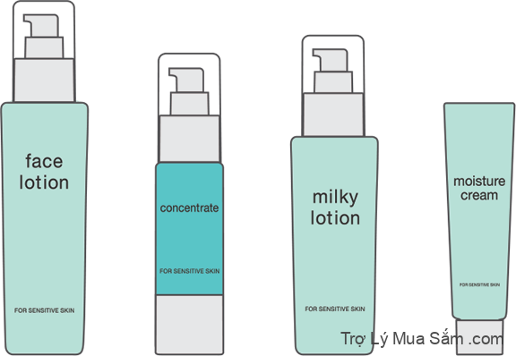 Hình ảnh minh họa các mặt hàng dưỡng ẩm (toner, serum, sữa dưỡng, kem) dành cho da nhạy cảm