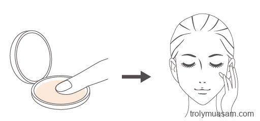 Hình minh họa cách sử dụng kem che khuyết điểm.  Lấy một lượng nhỏ kem che khuyết điểm trên ngón tay giữa, chấm lên phần bạn muốn che và dùng ngón áp út để làm mờ viền.
