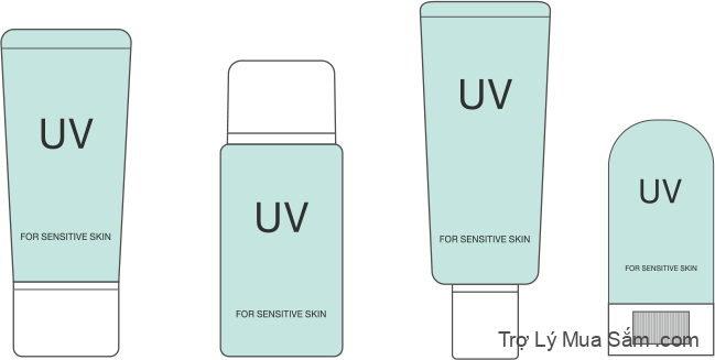 Hình ảnh minh họa cho thấy các loại kem chống nắng khác nhau (dạng bào chế), dạng kem, dạng lotion, dạng sữa (dạng sữa) và dạng dính (đặc).