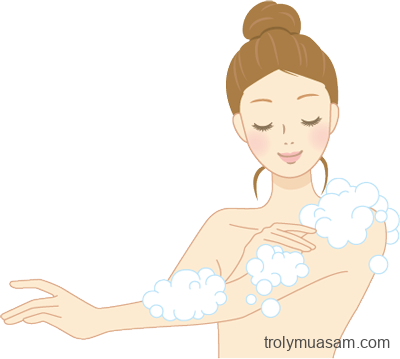 Hình minh họa người phụ nữ rửa cơ thể bằng nhiều bọt mịn, đó là chất tẩy rửa có nhiều bọt (sữa rửa mặt toàn thân, xà phòng toàn thân, xà phòng toàn thân, sữa tắm).