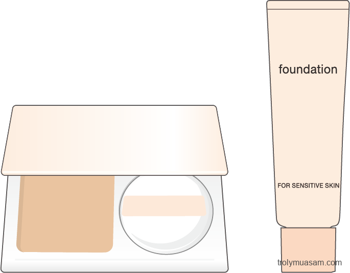 Hình ảnh minh họa về phấn nền (powder foundation) và phấn nền dạng lỏng (liquid) khuyên dùng cho da mụn.